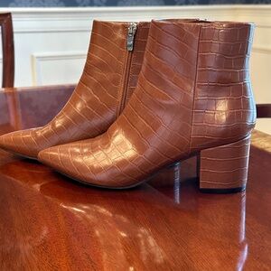 Marc Fisher Tan Croc-Embossed Pointed Toe Block Heel Booties